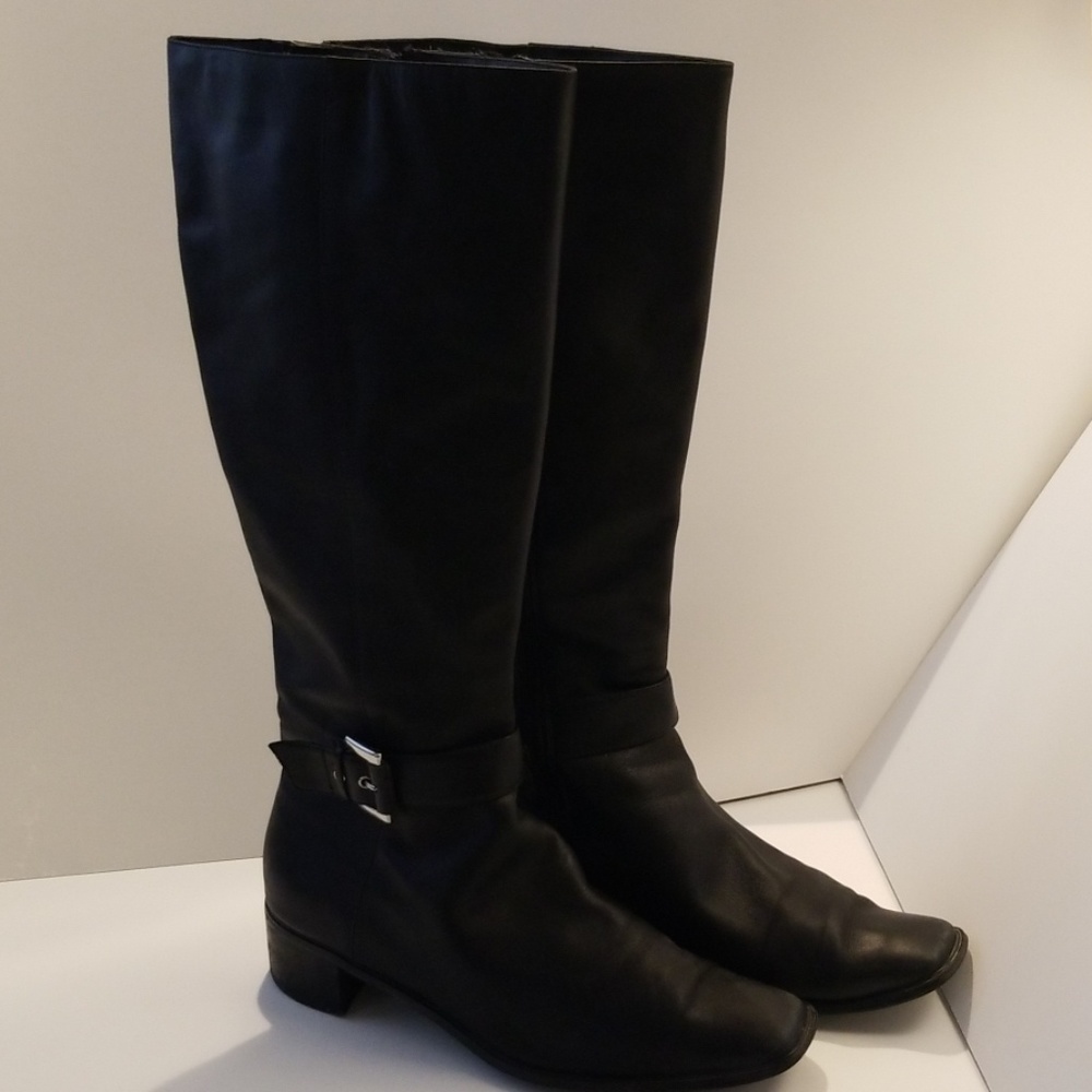 Black leather calf high boots